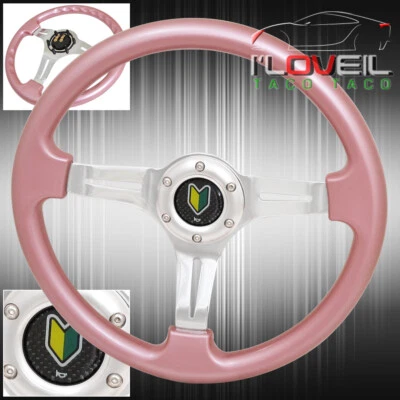 Metallic Pink 350mm 3 Spokes Streak Hole Steering Wheel Young Leaf Horn - Image 1 of 2
