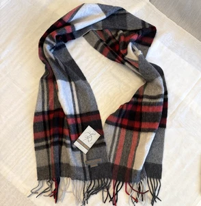 New 100% Cashmere Louisa Perini Gray Black Red Plaid Scarf Fringe 60 in x 12 in - Picture 1 of 8