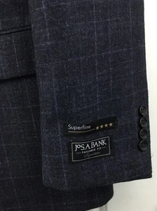 Jos A Bank Sport Coat 46L Navy Windowpane Plaid Wool Silk Linen Tailored Fit - Picture 1 of 13