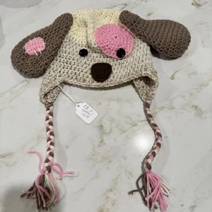 NEU Handarbeit Kleinkind 1-3 Jahre gehäkelt Welpe Hund Strickmütze Mädchen braun rosa - Bild 1 von 6