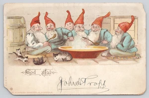 Postal Gnomos/Elfos Comiendo Alrededor Tazón Grande con Gatitos Divertidos Eliassons - Imagen 1 de 2