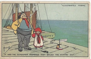 ARTIST JOHN HASSALL ILLUSTRATED POEMS BOAT SCHOONER MAN SMOKING PIPE VINTAGE PC - Picture 1 of 2
