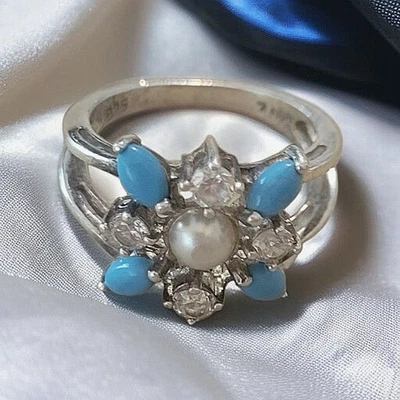 VTG 925 Silver Signed NV Pearl & Blue Turquoise Flower Unique Cocktail Ring SZ 8 - Image 1 of 4