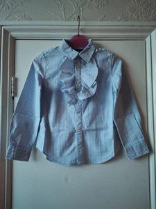 Ralph Lauren Polo Girl's striped shirt blue white button down ruffle cotton 6 y - Picture 1 of 13