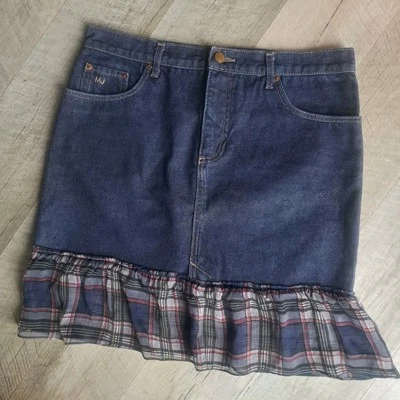 Minifalda corta mediana Marc Jacobs talla 10 hágalo usted mismo con volantes a cuadros Y2k jean azul denim Foto 1 de 4