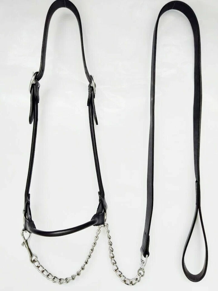 Black Leather Show halter with silver chain full size Genius leather quality - Image 1 of 1