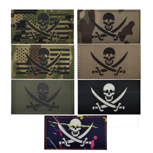IR reflektierender Schädel Jolly Roger Pirat US-Flagge Haken Schlaufe Patch Befestigungselement Abzeichen - Bild 1 von 11