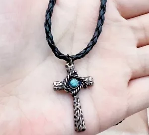 Necklace Pendant - Boho Style Zinc Ally Cross With Turquoise Inlay - Picture 1 of 2