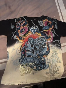 Vintage Christian Audigier Skulls And Roses Full Of Rinestones Double Sided - Picture 1 of 2