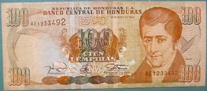 HONDURAS 100 LEMPIRAS RARE NOTE ISSUED 12.05. 1994, P75, SCARCE - Picture 1 of 2