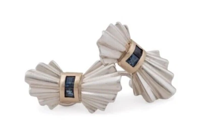 Tiffany & Co. Silver 14K Y. Gold Sapphire Bow Ribbon Pierced Clip-On Earrings - Image 1 of 4
