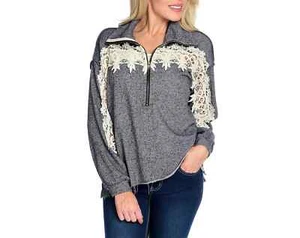 NEW OSO Casuals Knit Long Sleeve Convertible Collar Lace Detailed Sweater - Picture 1 of 10