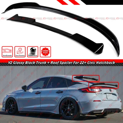 FOR 22-26 Civic Hatchback FL2 FL5 V2 Gloss Black Trunk + Rear Roof Spoiler Wing - Image 1 of 4