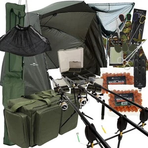 Carp Fishing Setup 2pc 12ft 2/3 Rods & Reels Bite Alarms Net Pod & Tackle Brolly - Picture 1 of 13