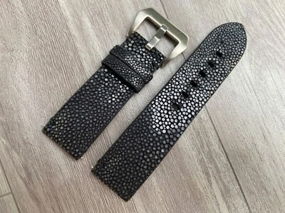 Pulseira de relógio de couro Stingray preta, tamanho 18mm 19mm 20mm 21mm 22mm 24mm 26mm - Imagem 1 de 4