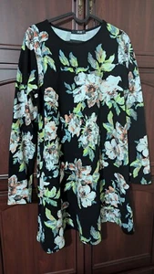 QUIZ Blumenmuster A-Linie Kleid, 14. Schwarz & mehrfarbig Stretch strukturiert. Langarm. - Bild 1 von 13