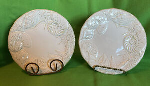 Cindy Crawford Oceanview set of 2 Dinner Plates Embossed Shells Nautical Cream