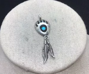 Vintage Sterling 925 Southwestern Turquise Stone Drop Feathers Pendant Y729 - Picture 1 of 3