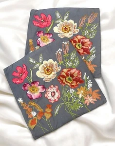 Pier 1 Set Of 2 Boho Embroidered Flowers Accent Pillow Cover 18" X 18" Pier One - Picture 1 of 8