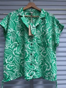 FAT FACE Green Shirt UK 16 Womens Val Leaf Print Linen Blend Short Sleeve Top - Picture 1 of 14