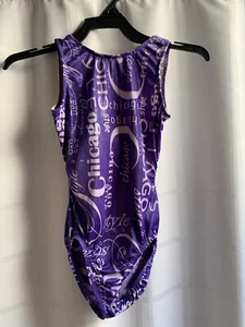 Motionwear gymnastics Leotard Purple White Chicago Style Open Back medium IC EUC - Picture 1 of 3