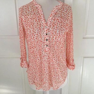 WOMENS COCOMO PIN TUCK 3/4 SLEEVE TOP WHITE W ORANGE SPOTS PETITE SMALL NEW - Picture 1 of 3