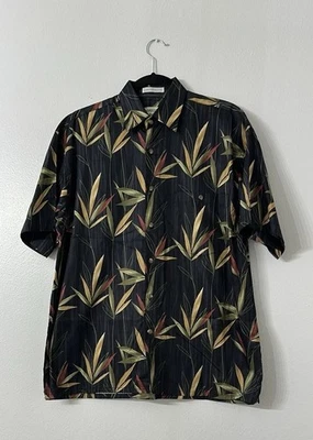 Bamboo Cay Resortwear 男式纽扣衬衫大号棉缎花卉黑色 — 第 1/3 张图片