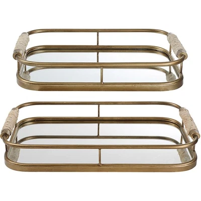 Uttermost 18014 Rosea Brushed Gold with Natural Rope Trays, Set of 2 - Image 1 of 4