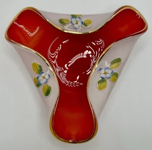 NASCO Cased Art Glass Dish Bowl Red White Tri Fold Hand Painted Japan Orig Label - Picture 1 of 6