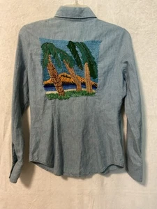 Vtg 70s Levi's Orange Tab Chambray Shirt Embroidered Hawaii Scene Rare Cursive - Picture 1 of 7