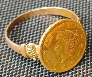 Antique 1849-54? $1 Liberty Head Gold Coin (Type 1) 10k Ring-Size 7.5 2.84 grams - Picture 1 of 24