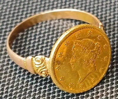 Antique 1849-54? $1 Liberty Head Gold Coin (Type 1) 10k Ring-Size 7.5 2.84 grams - Image 1 of 4