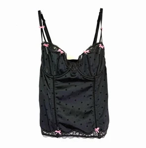 Y2K Betsey Johnson Bustier Corset Women Sz 34B Black Polka Dot Pink Bow Lingerie - Picture 1 of 9