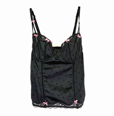 Y2K Betsey Johnson Bustier Corset Women Sz 34B Black Polka Dot Pink Bow Lingerie - Image 1 of 4