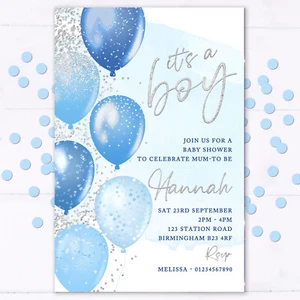 Personalised Baby Shower Invitations, Blue Silver, Baby Boy, It's a Boy, Invites - Picture 1 of 1