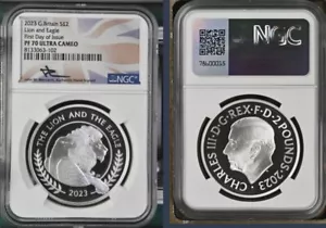 2023 UK £2 1 oz LEONE E AQUILA PF70 FDOI MERCANTI PROGETTATO & FIRMATO - Foto 1 di 7