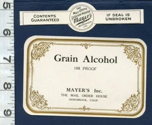 MAYER'S GRAIN ALCOHOL 188 PROOF BOTTLE & CAP LABEL MOONSHINE WHISKEY BAR RARE - Bild 1 von 2