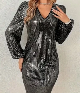 Elegant Women's Shiny Sequin V-neck Party Dress, Bodycon Lantern Sleeve Dress - Picture 1 of 3