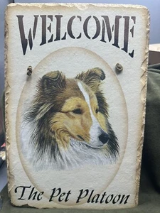 Handcrafted Slate Collie Dog W/ White Blaze Welcome Sign W/Leather Hanger - Picture 1 of 12