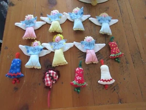 12 VINTAGE HANDMADE FABRIC FELT ANGELS BELLS HORSE CHRISTMAS ORNAMENTS - Picture 1 of 8