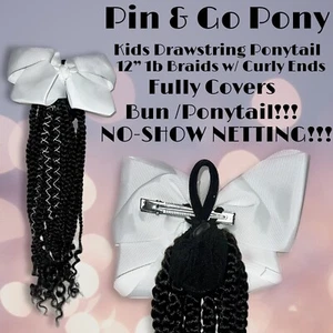 14” 1b DRAWSTRING PONYTAIL FOR KIDS /Braids With Curly Ends - Picture 1 of 6