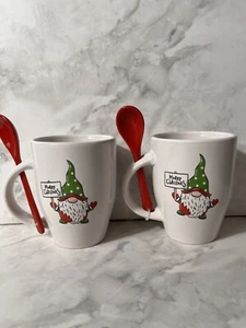 Weihnachten Kaffeetassen 2er Set Frohe Weihnachten Wichtel. Rote Keramiklöffel - Bild 1 von 9