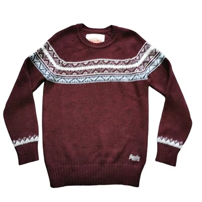 Superdry Vintage Nordic Knit Jumper Mens M Medium Burgundy Red Fairisle Wool - Image 1 of 4