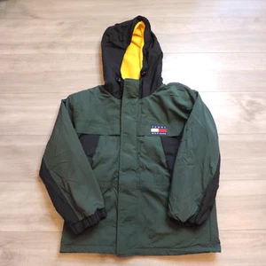 Tommy Hilfiger parka uomo XL foderato pile giacca colorblock bandiera con cappuccio verde - Foto 1 di 8