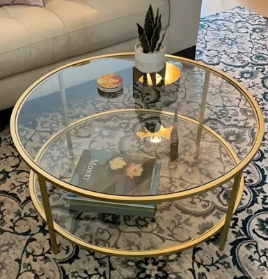 Modern Coffee Table with Tempered Glass, Chrome Gold Finish, Round two Glass - Image 1 of 4