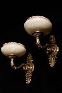 Paar Spanische Alabaster Wandleuchten Wandleuchter Massive Bronze Kandelaber  - Bild 1 von 10