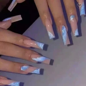 Coffin Press On Nails Long Length Full Cover Designer Nails Nude Blue White - Picture 1 of 3