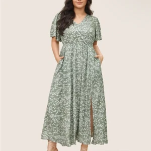 Bloomchic Dress Flutter Short Sleeve Ditsy Floral Pocket Slit Maxi Green Sage 12 - Picture 1 of 9