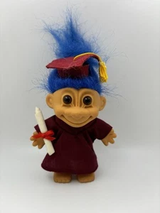 Vintage Russ Troll Doll Blue Hair Maroon Graduation Cap and Gown 3.5" - Picture 1 of 7
