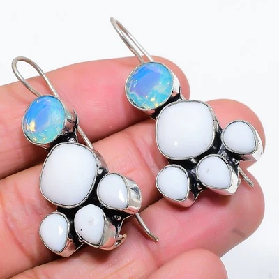 Brinco de prata esterlina 925 coral branco opala 1,81" O095 - Imagem 1 de 3